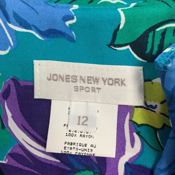 Jones New York Hawaiian Shirt Womens 12 Teal Floral Rayon Short Sleeve Button Up - Picture 9 of 13